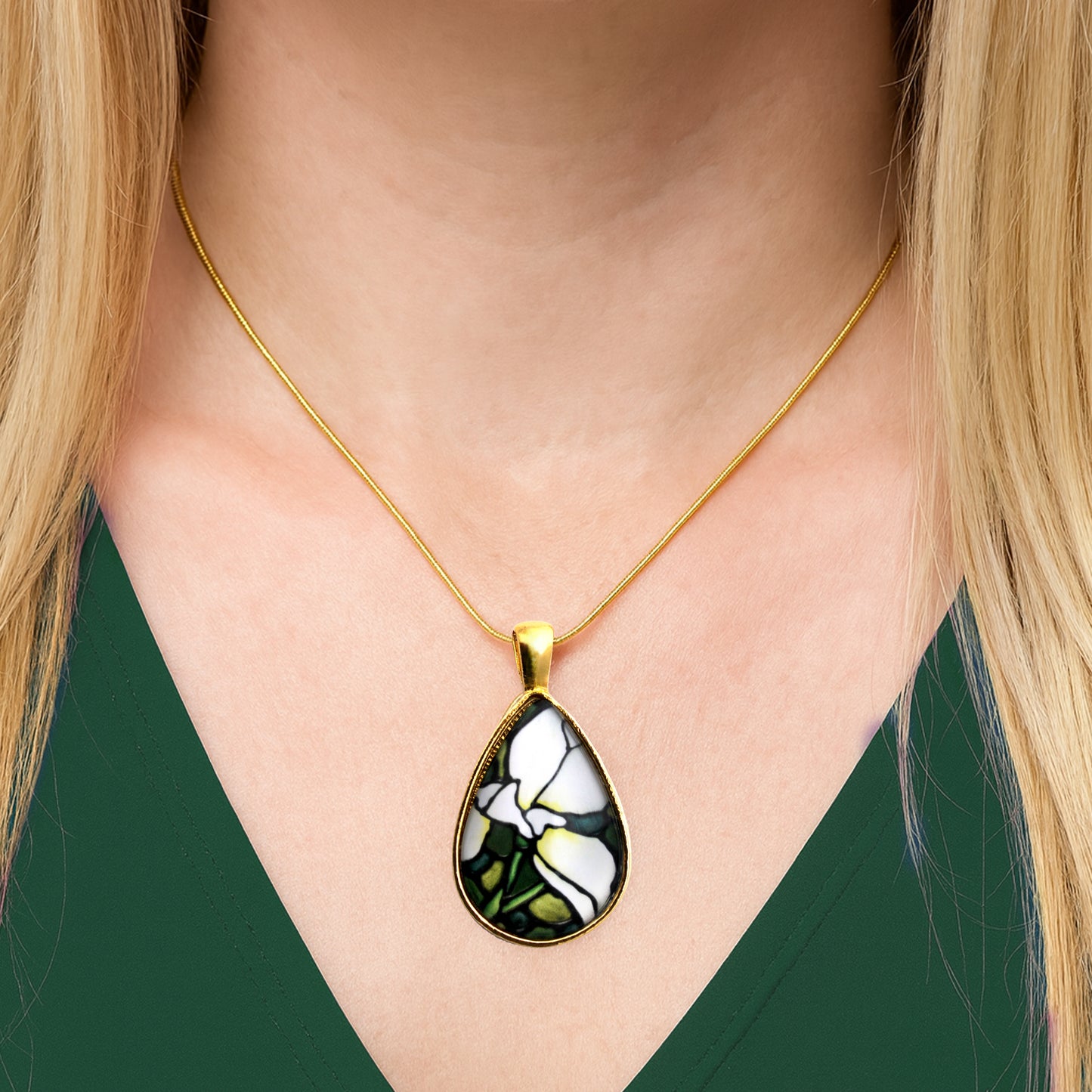 White Iris Gold Teardrop Necklace
