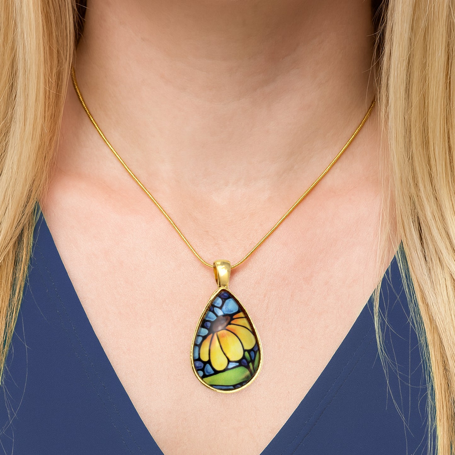 Yellow Sunflower Gold Teardrop Necklace