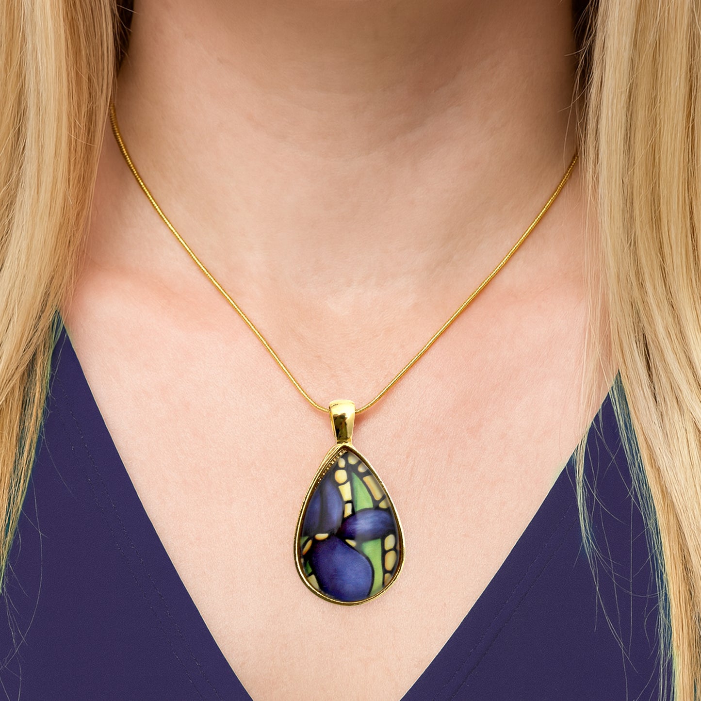 Dark Purple Iris Gold Teardrop Necklace