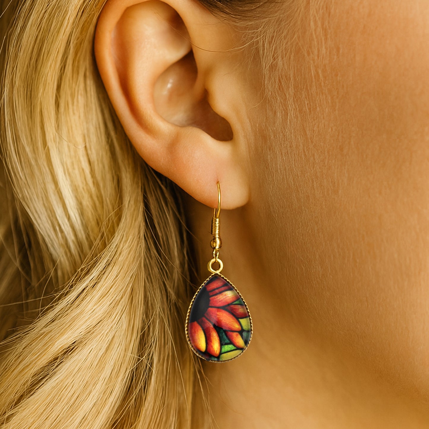 Red Sunflower Gold Teardrop Jewellery Set
