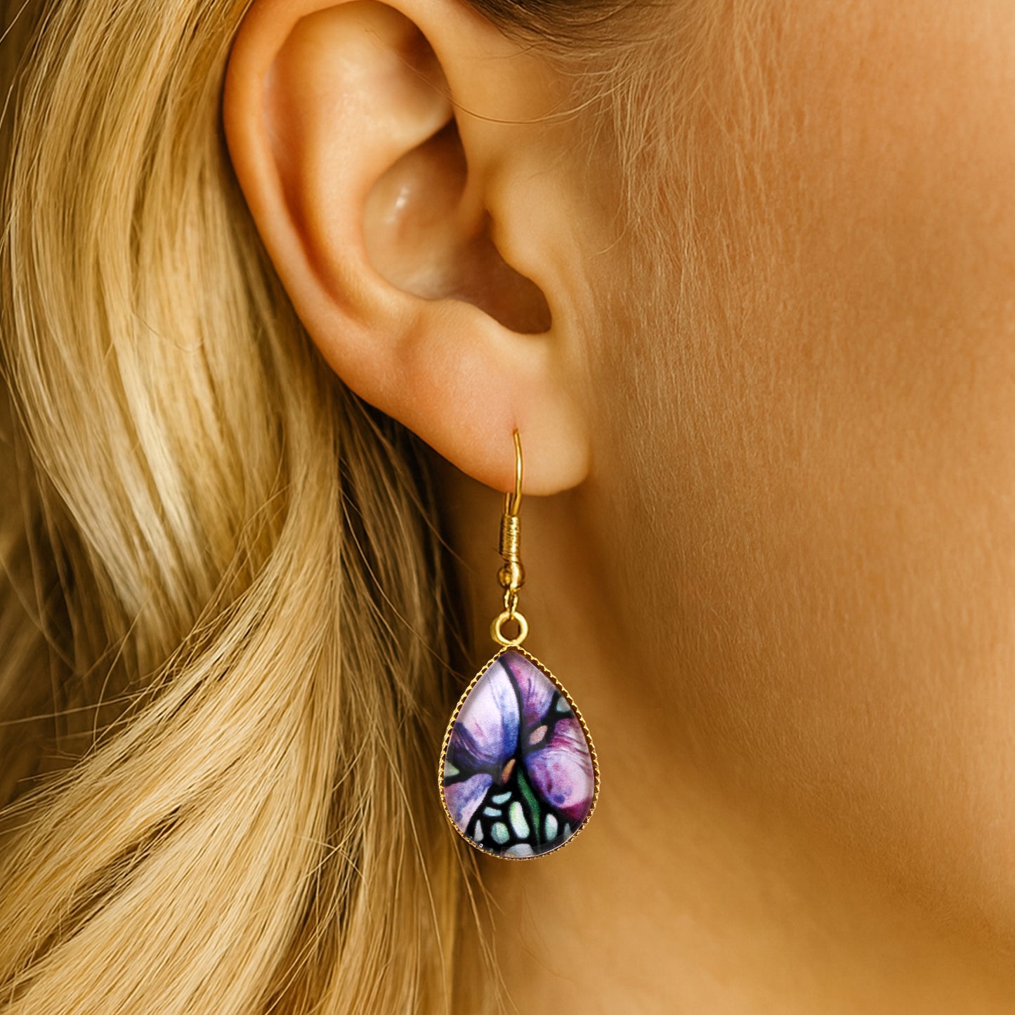 Iris Flower Gold Teardrop Earrings