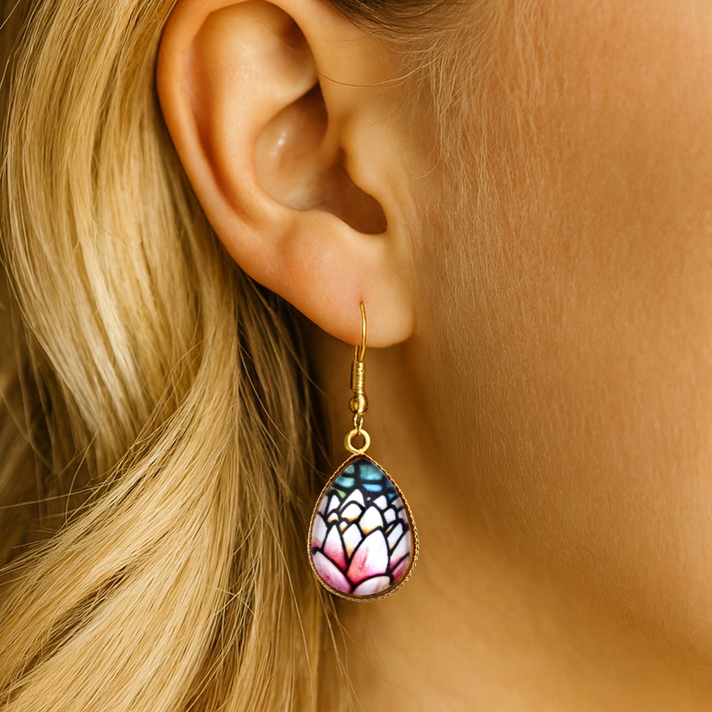 Lotus Flower Gold Teardrop Earrings