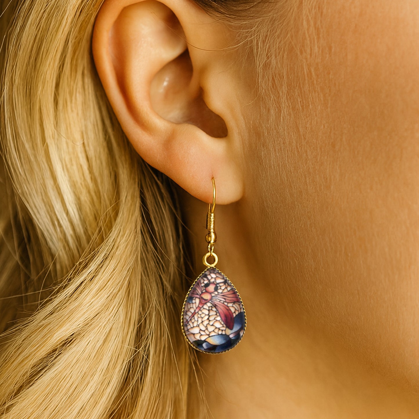 Red Dragonfly Gold Teardrop Earrings