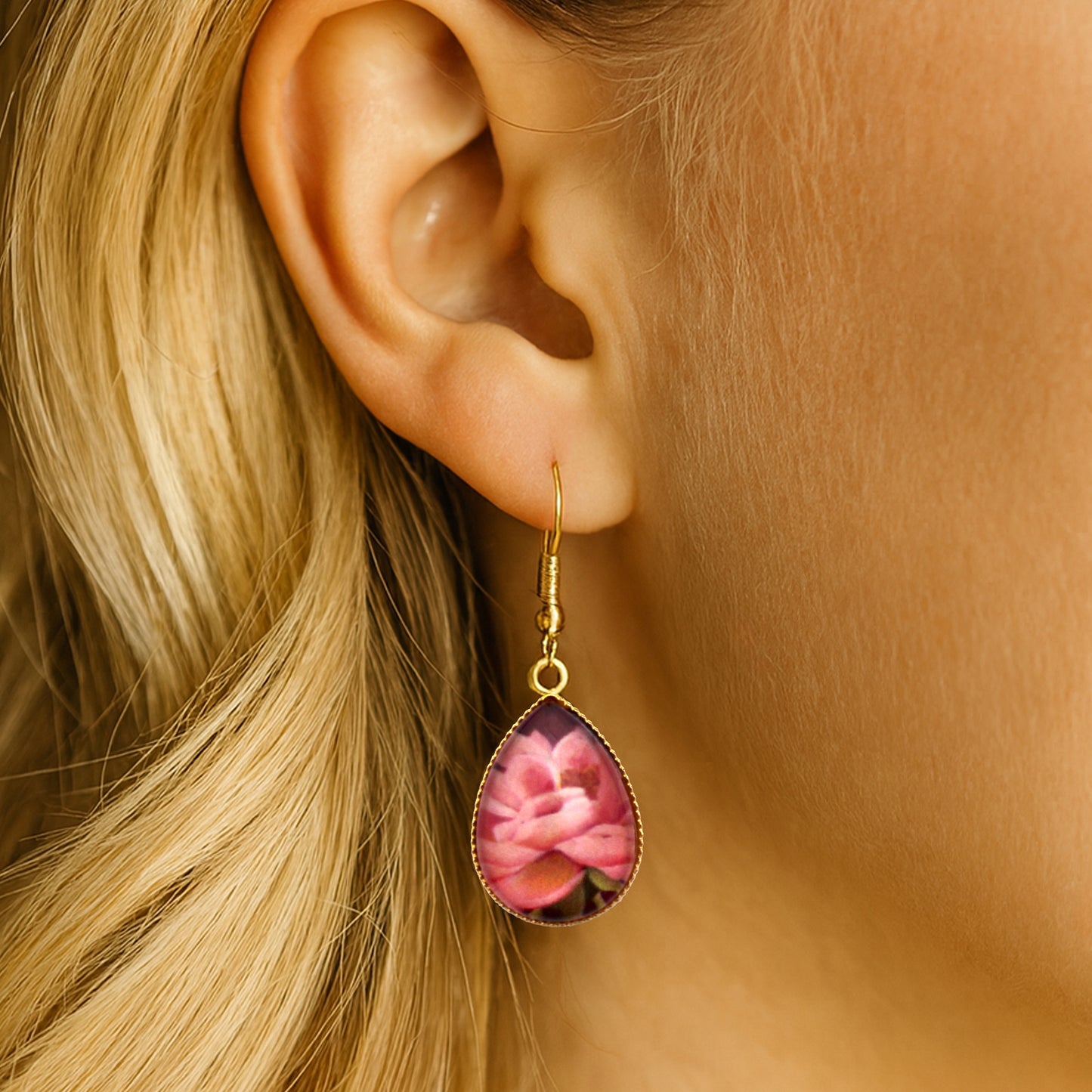 Soft Peony Gold Teardrop Earrings