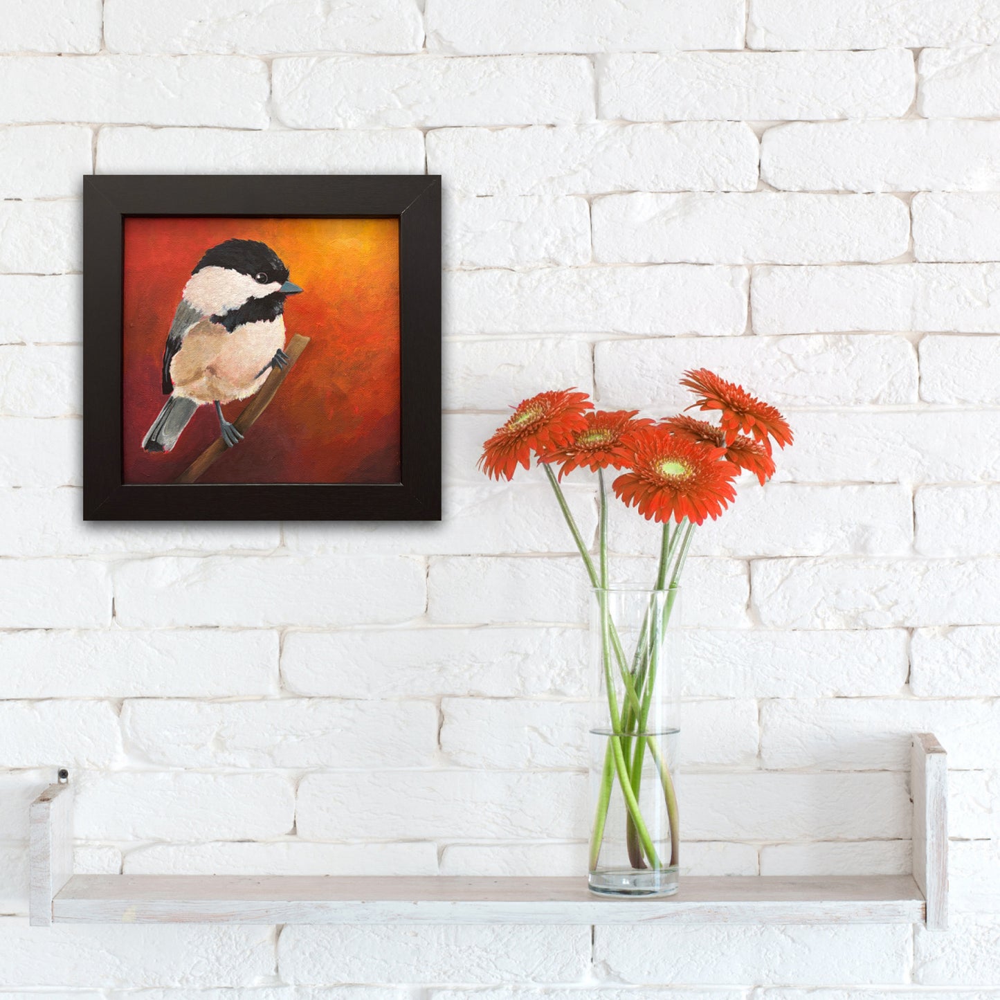 'Peep' Chickadee Bird Original Painting 10" x 10" Framed