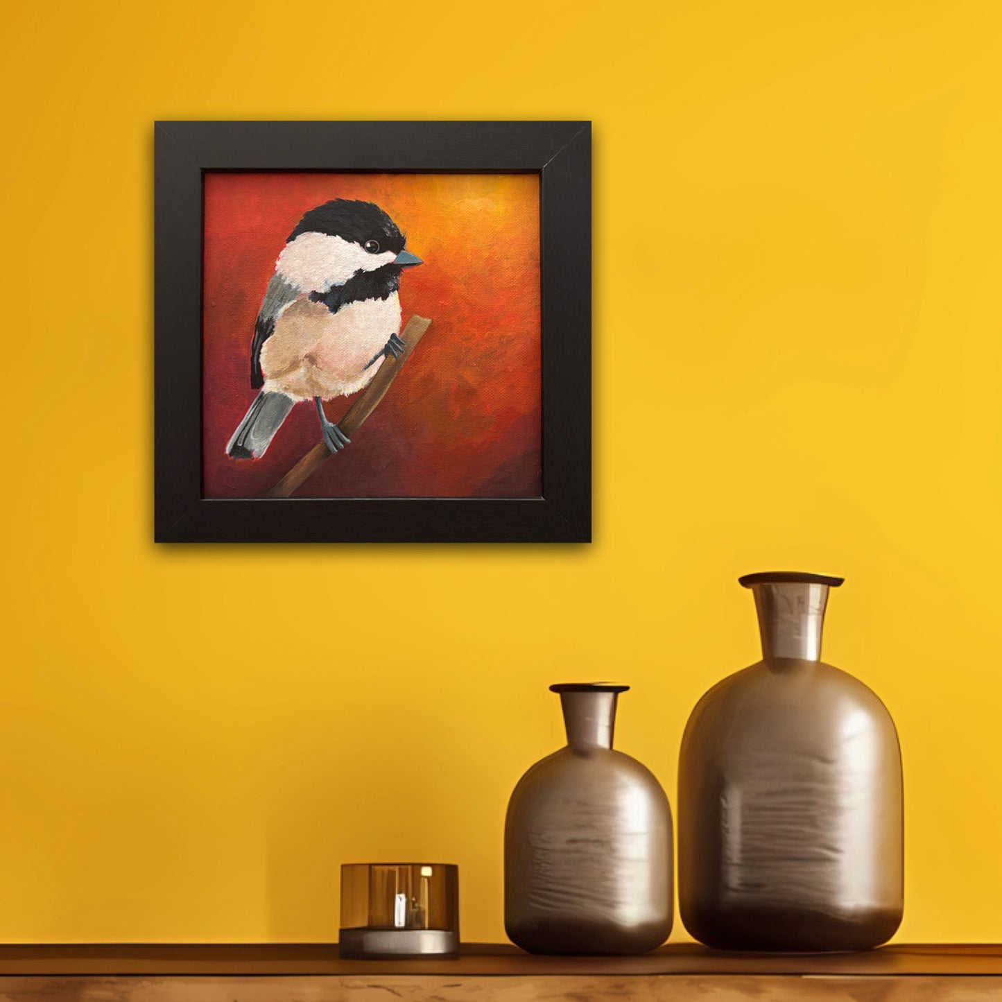 'Peep' Chickadee Bird Original Painting 10" x 10" Framed