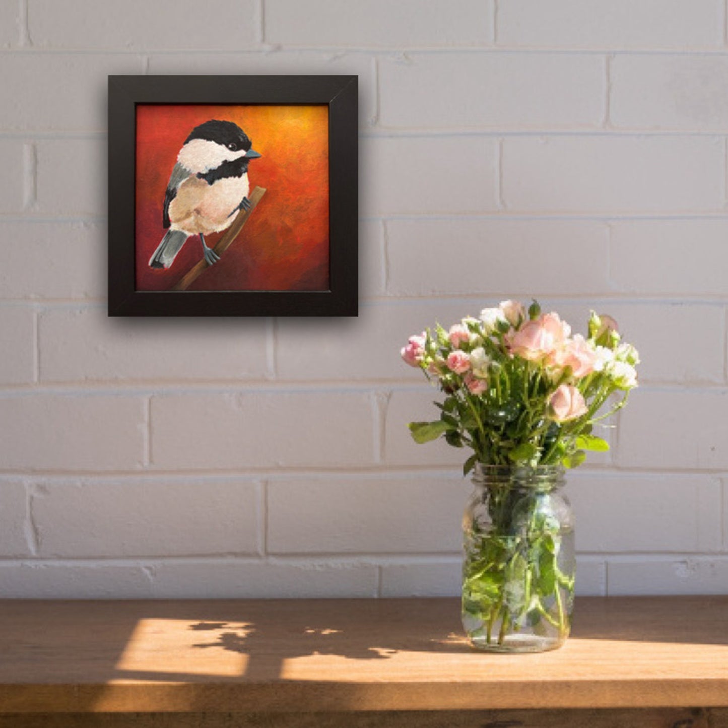 'Peep' Chickadee Bird Original Painting 10" x 10" Framed