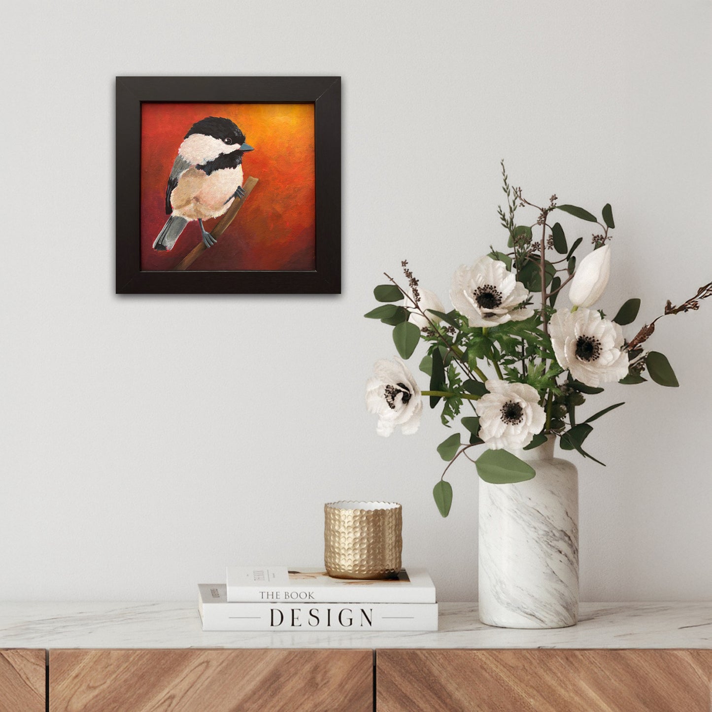'Peep' Chickadee Bird Original Painting 10" x 10" Framed
