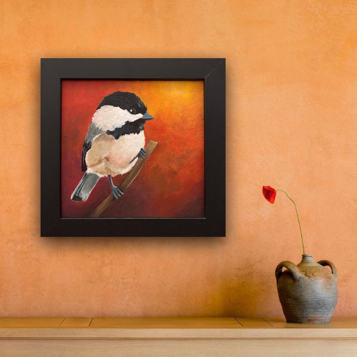 'Peep' Chickadee Bird Original Painting 10" x 10" Framed