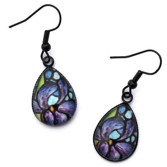 Single Iris Flower Black Teardrop Earrings