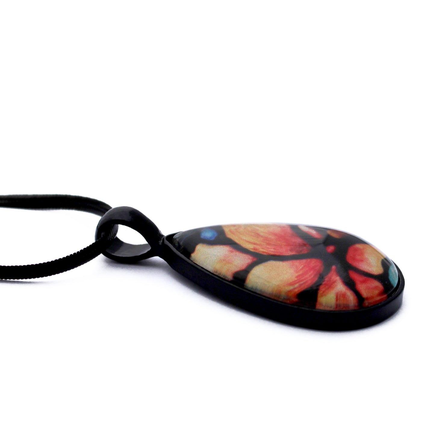 Peach Magnolia Flower Black Teardrop Necklace