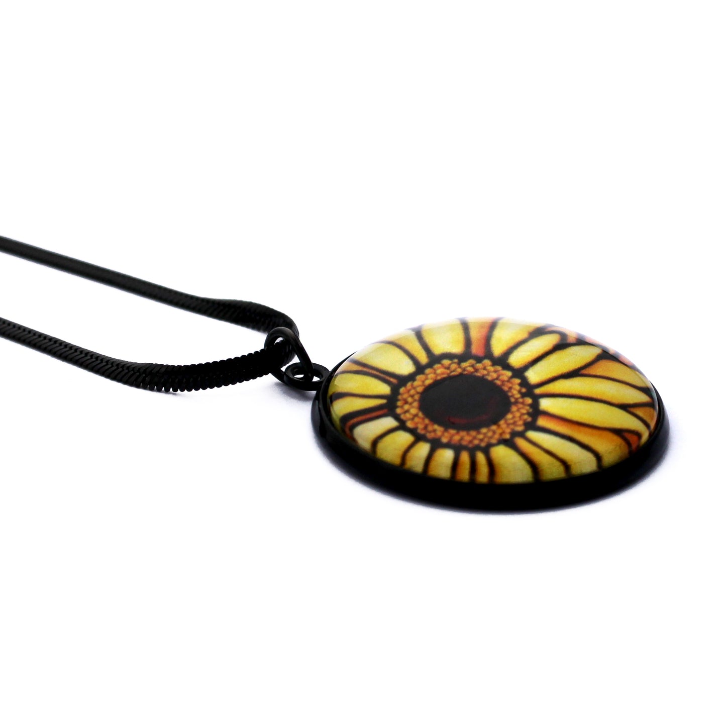 Yellow Daisy Circle Black  Necklace