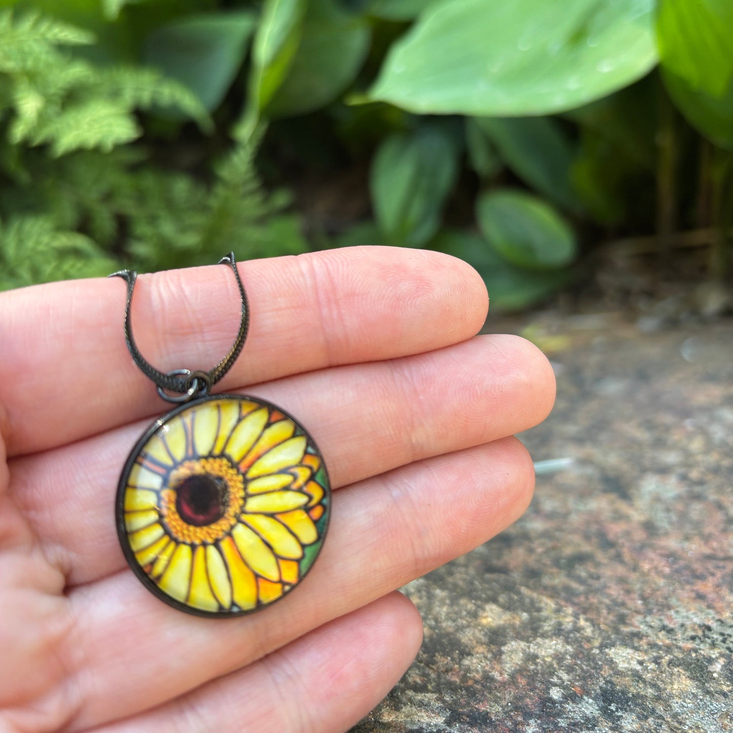 Yellow Daisy Circle Black  Necklace