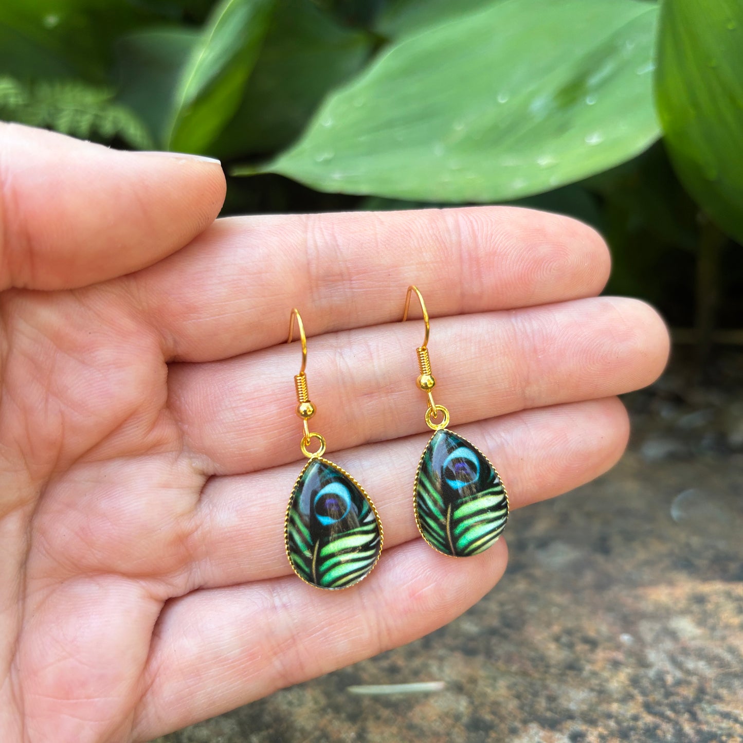 Peacock Feather Gold Teardrop Earrings