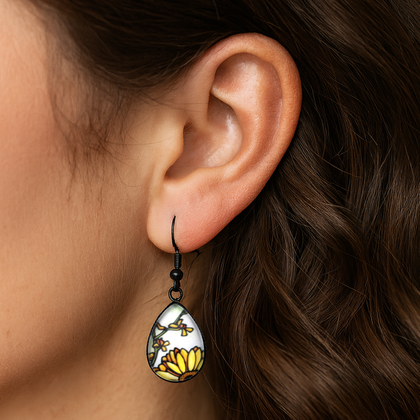 Yellow Daisy Full Black Teardrop Earrings