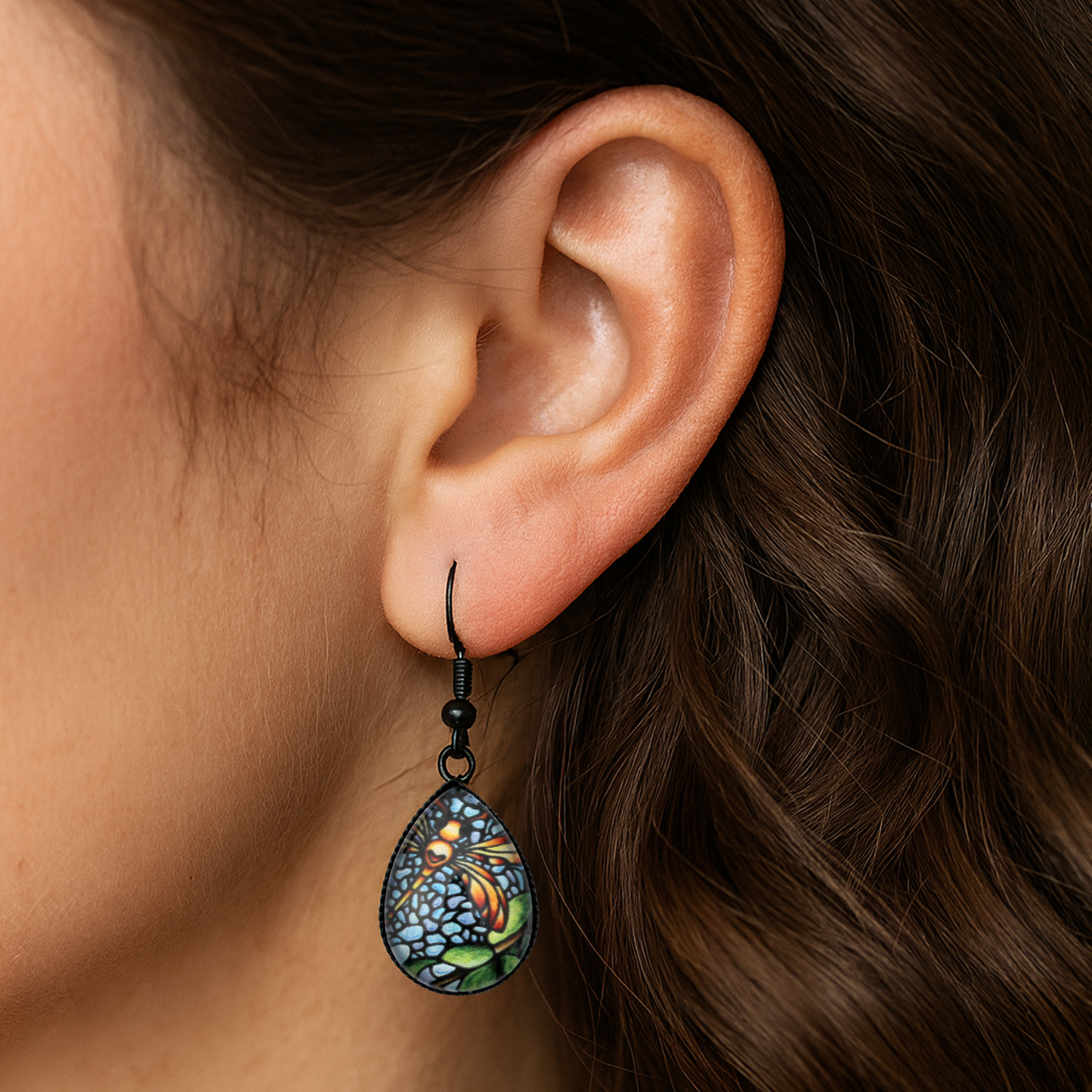 Orange Dragonfly Black Teardrop Earrings