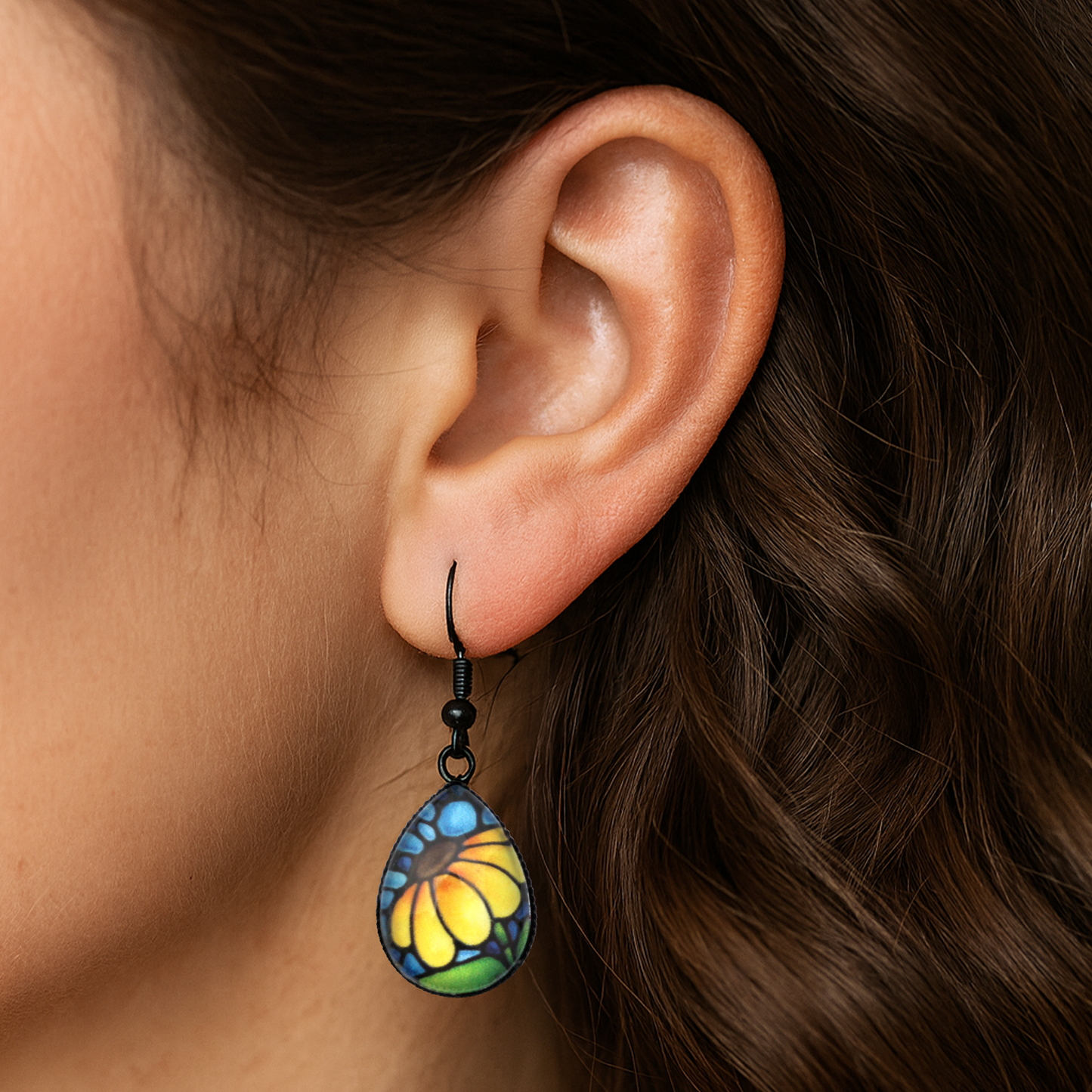 Yellow Sunflower Black Teardrop Earrings