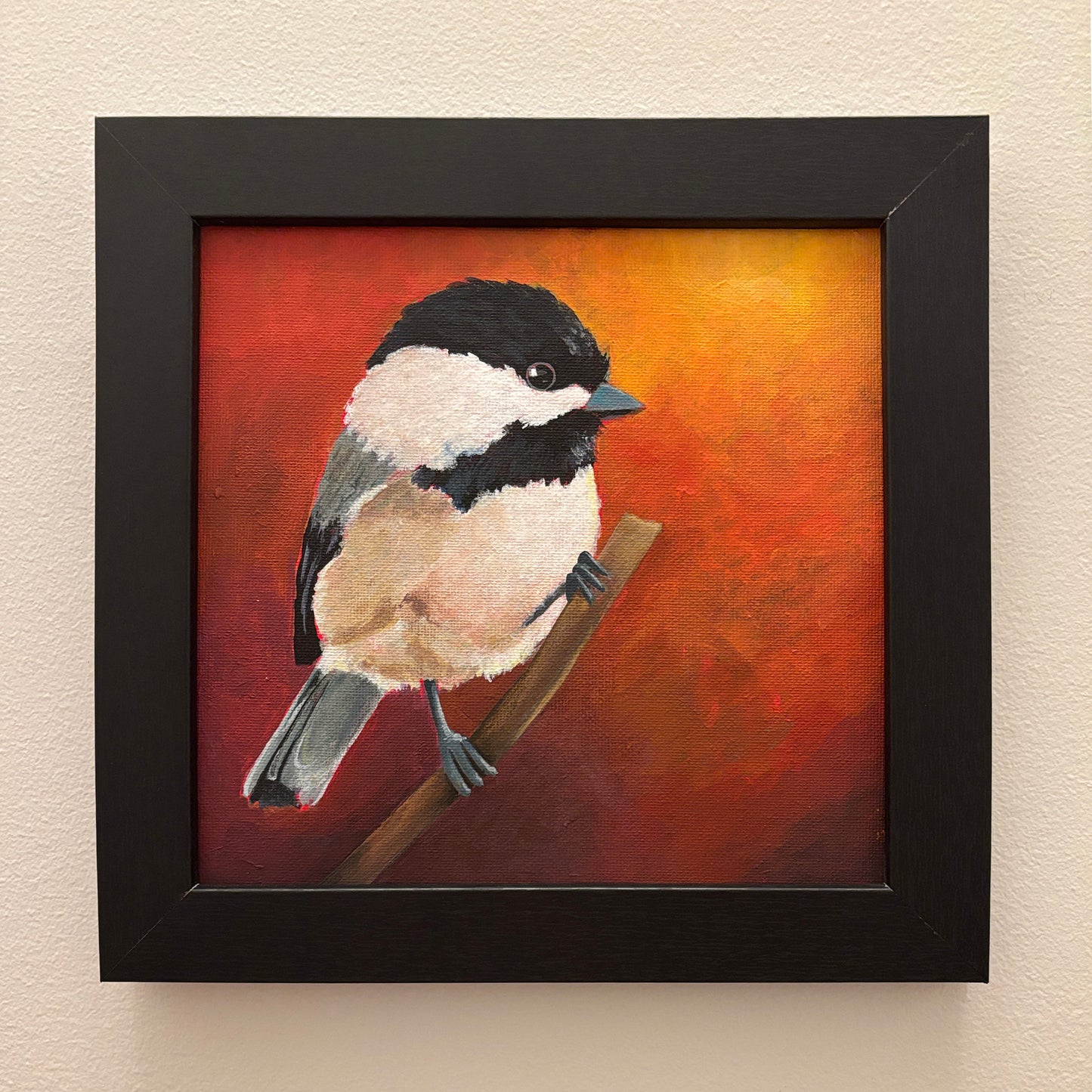 'Peep' Chickadee Bird Original Painting 10" x 10" Framed
