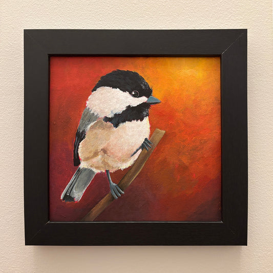 'Peep' Chickadee Bird Original Painting 10" x 10" Framed
