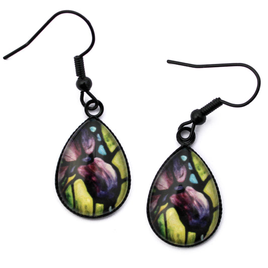 Dark Purple Iris Flower Black Teardrop Earrings