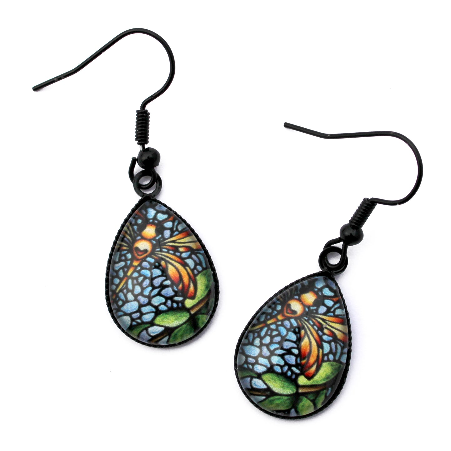Orange Dragonfly Black Teardrop Earrings
