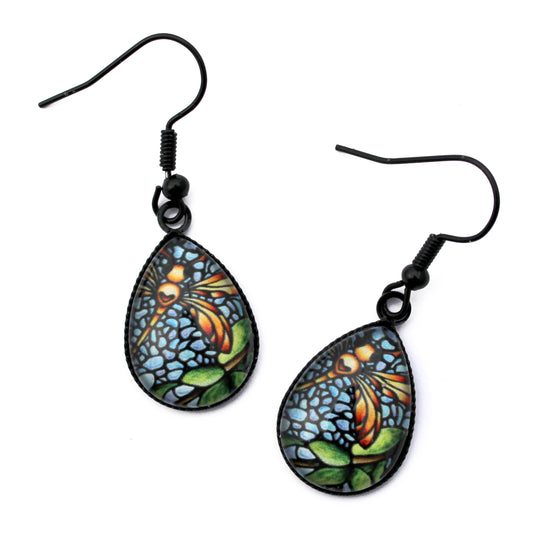 Orange Dragonfly Black Teardrop Earrings