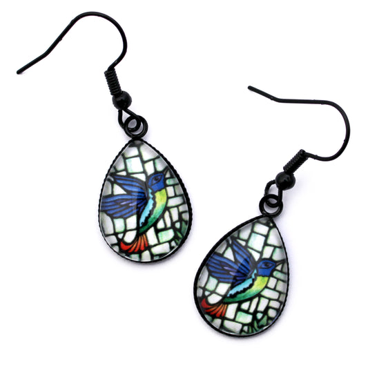 Hummingbird Black Teardrop Earrings