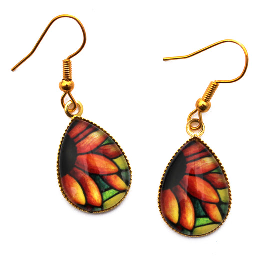 Red Sunflower Gold Teardrop Earrings