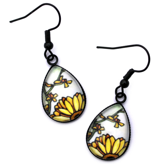 Yellow Daisy Full Black Teardrop Earrings