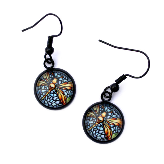 Orange Dragonfly Black Circle Earrings