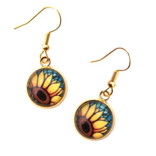 Orange Sunflower Gold Circle Earrings
