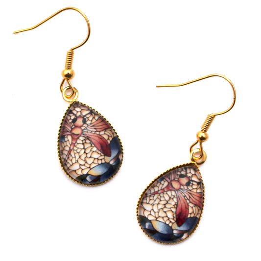 Red Dragonfly Gold Teardrop Earrings