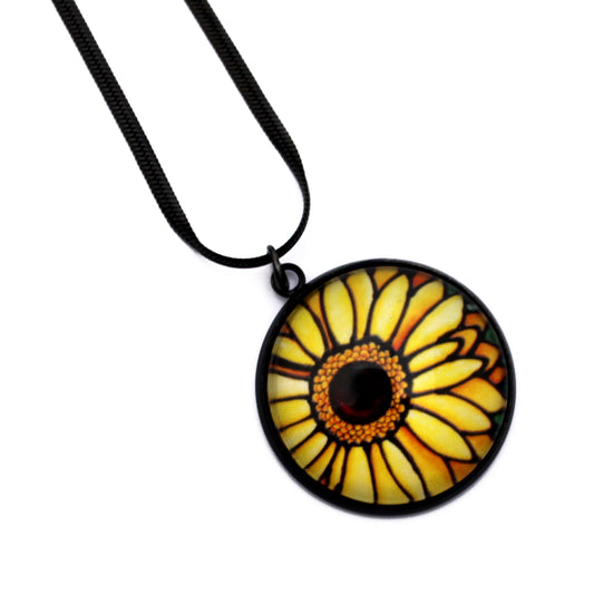 Yellow Daisy Circle Black  Necklace