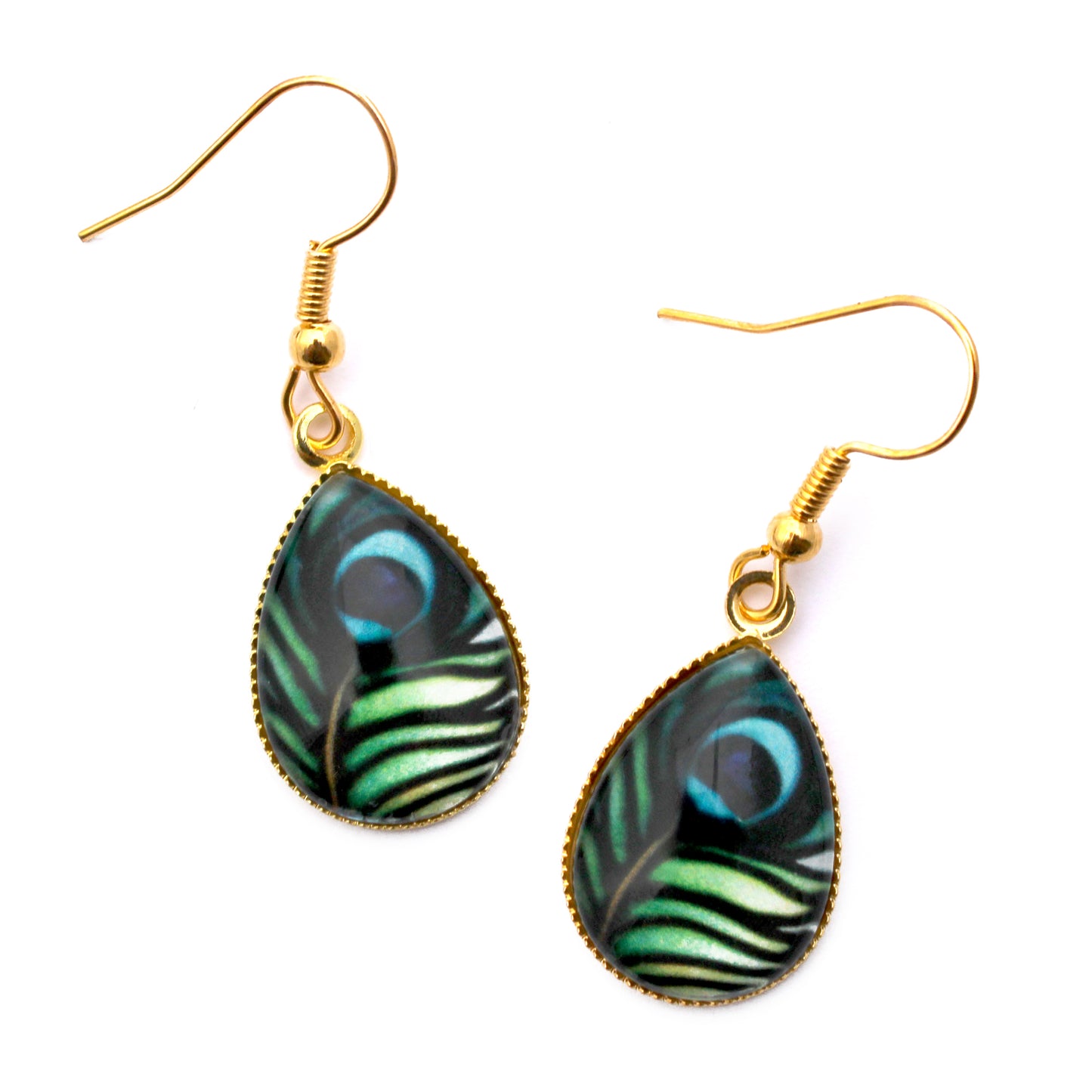 Peacock Feather Gold Teardrop Earrings