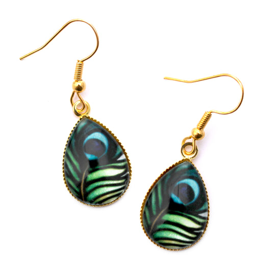 Peacock Feather Gold Teardrop Earrings