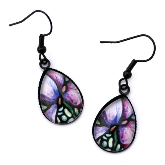 Iris Flower Black Teardrop Earrings