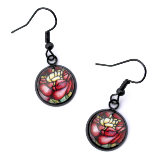 Red Peony Black Circle Earrings
