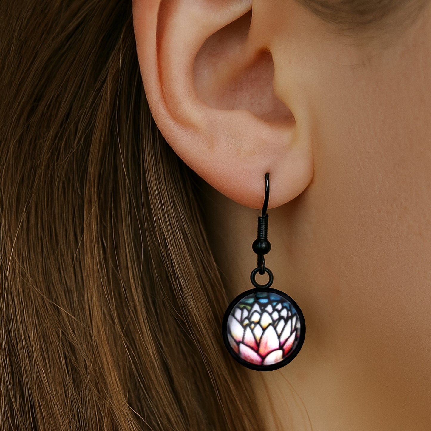 Pink Lotus Black Circle Earrings