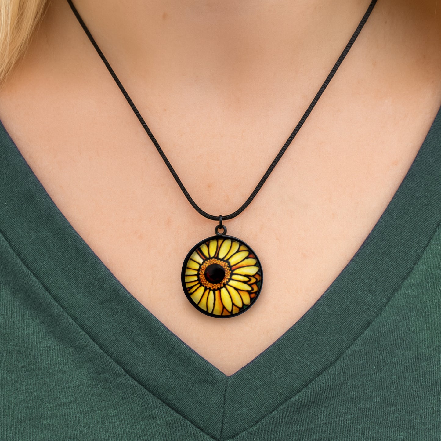 Yellow Daisy Circle Black  Necklace