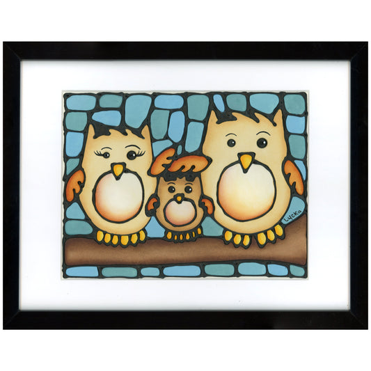 Owl Family Original Painting 15" x 12" Framed