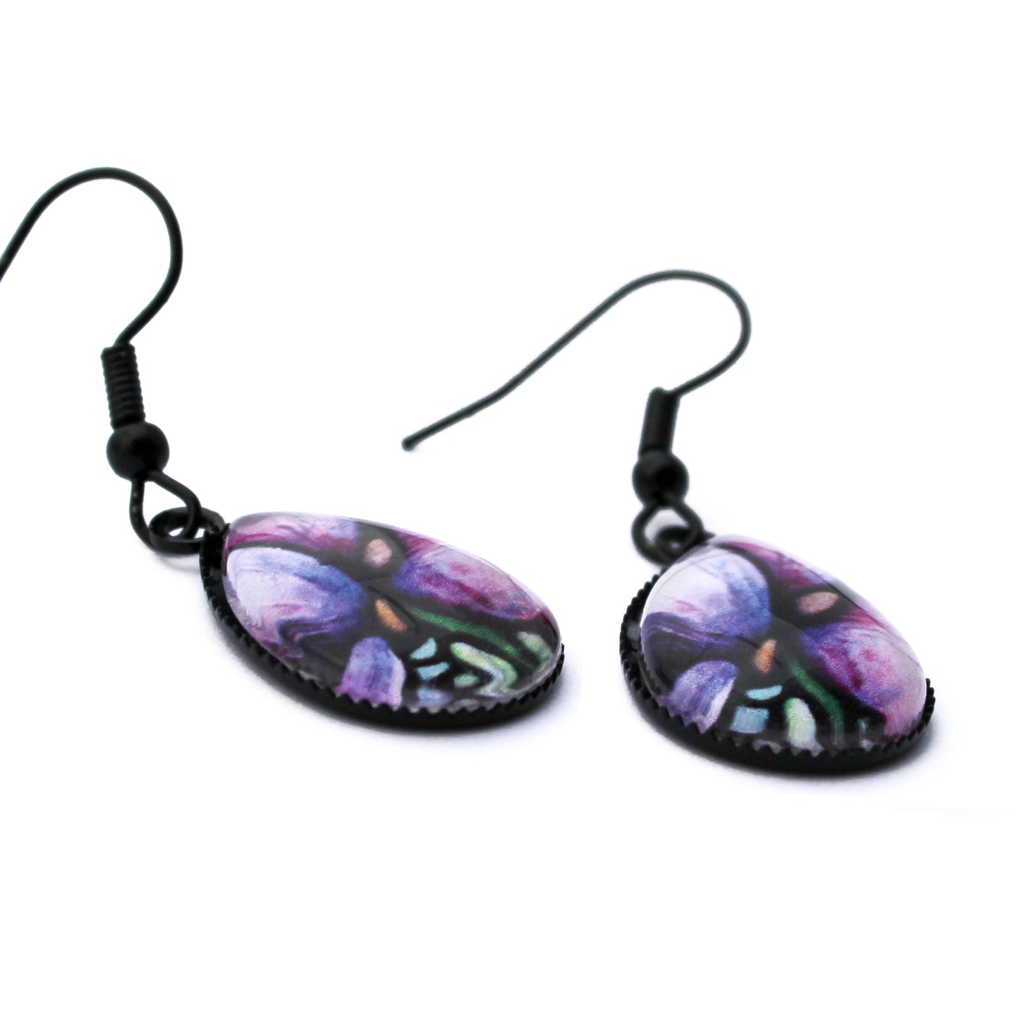 Iris Flower Black Teardrop Earrings