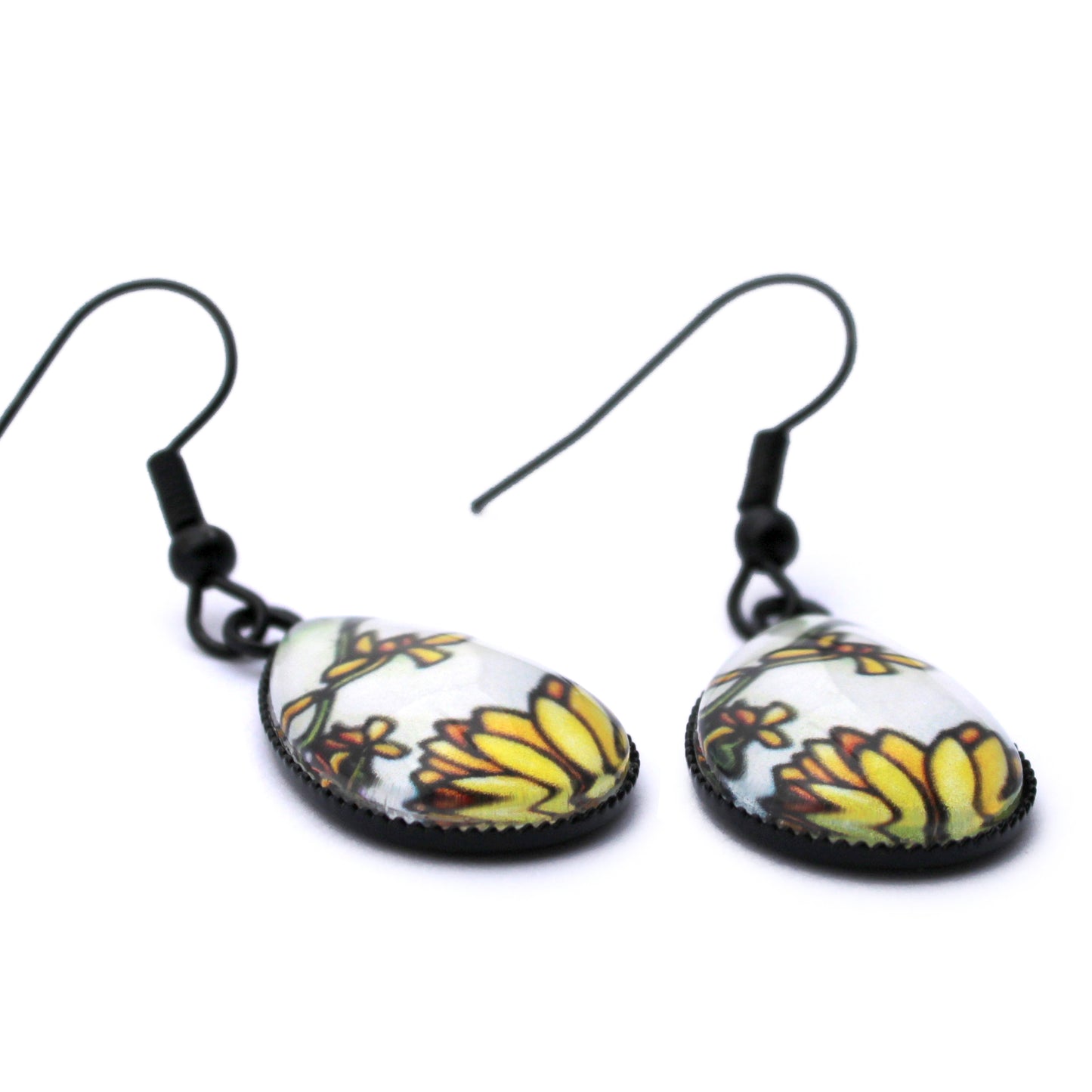 Yellow Daisy Full Black Teardrop Earrings