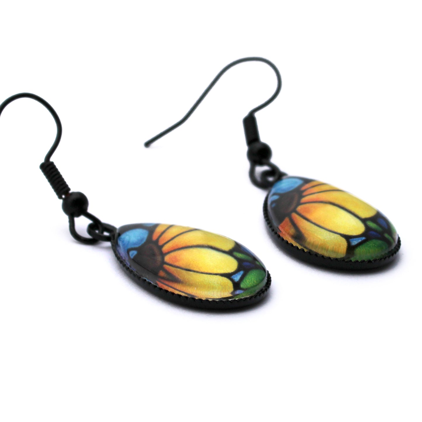Yellow Sunflower Black Teardrop Earrings