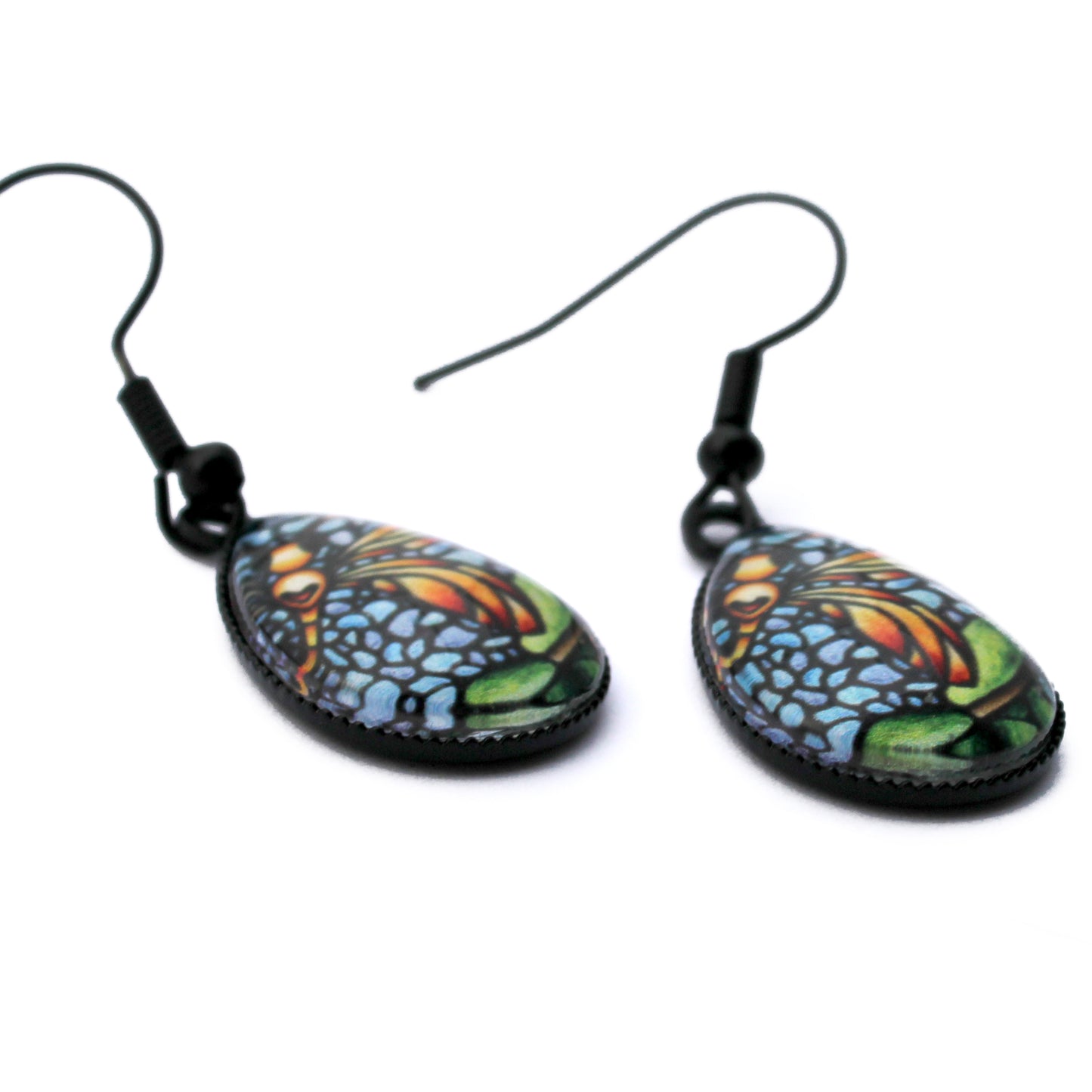Orange Dragonfly Black Teardrop Earrings