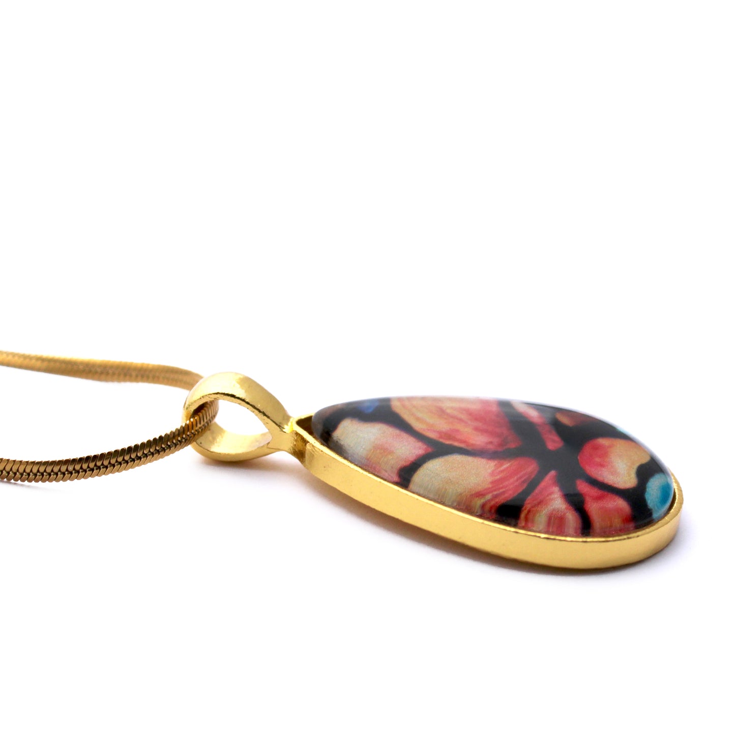 Peach Magnolia Flower Gold Teardrop Necklace