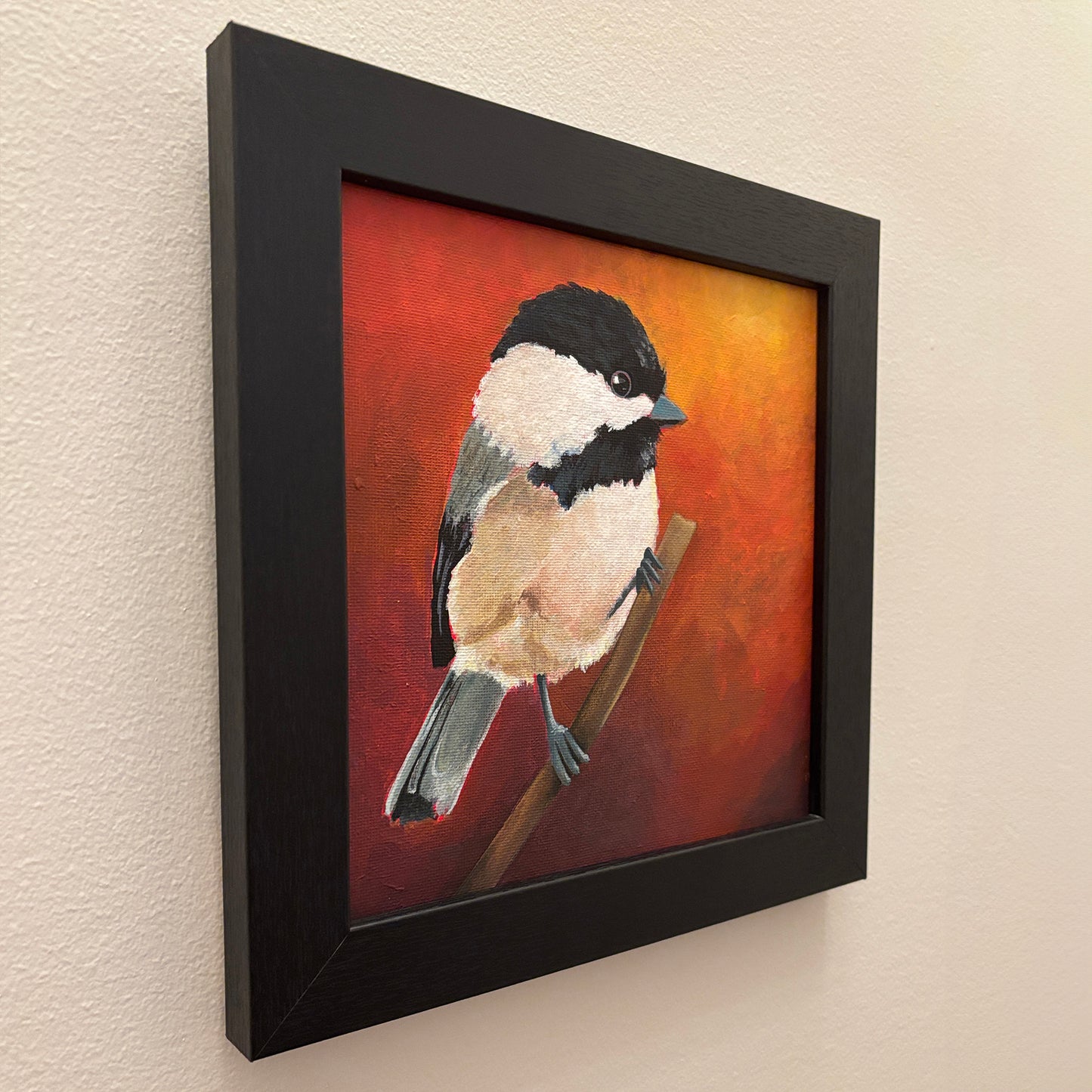 'Peep' Chickadee Bird Original Painting 10" x 10" Framed