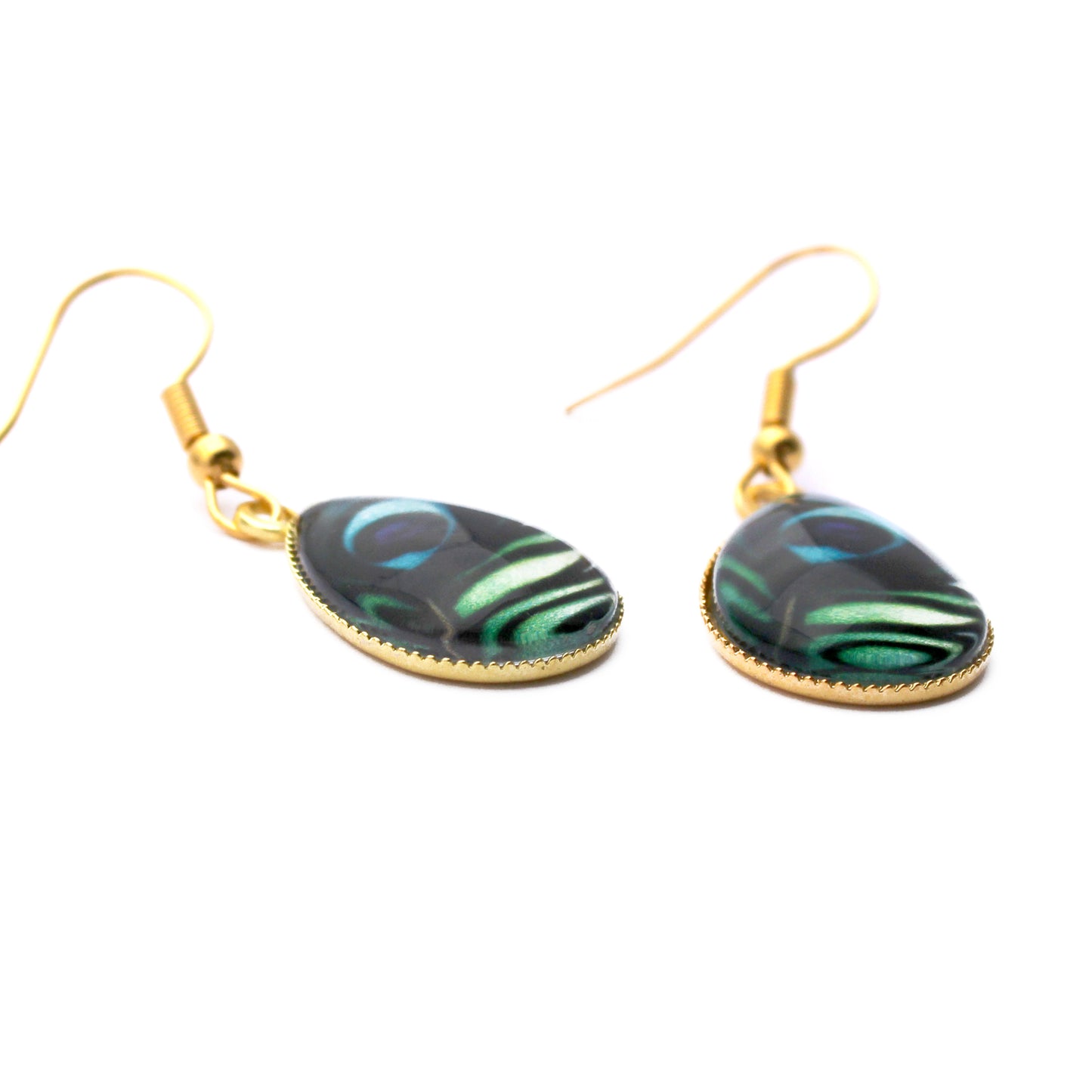 Peacock Feather Gold Teardrop Earrings