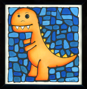 T-Rex Dinosaur Original Painting 13" x 13" Framed