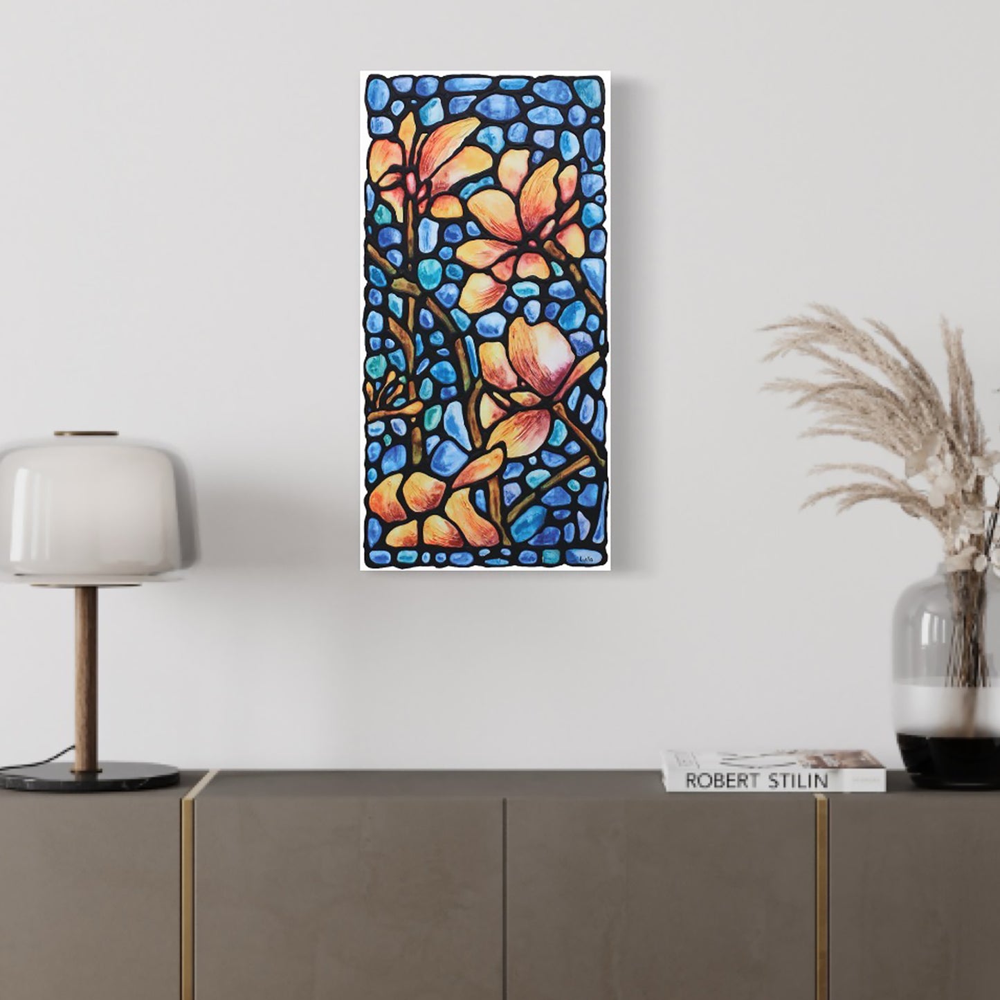Peach Magnolia Flowers Original Painting 12 x 24 inch