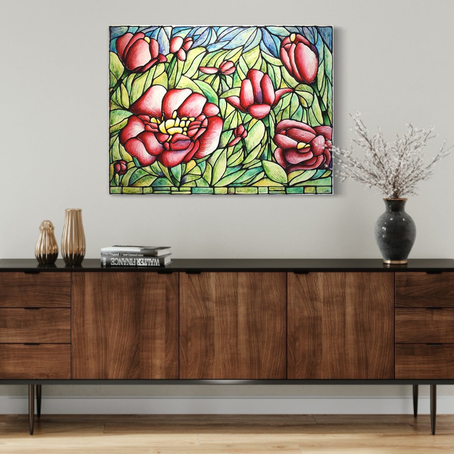 Red Peony Flower Original Painting 40 x 30 inches